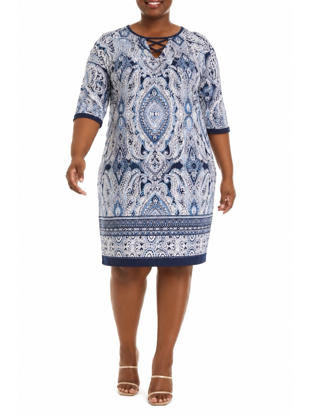 Sandra Darren Blue White & Black Medallion Printed Sheath Dress Womens 1X